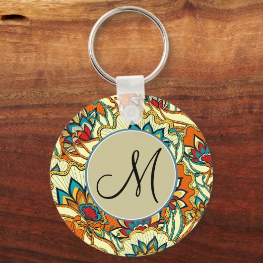Kleurrijke herfst Bloemenpatroon Monogrammed Sleutelhanger (Voorkant)
