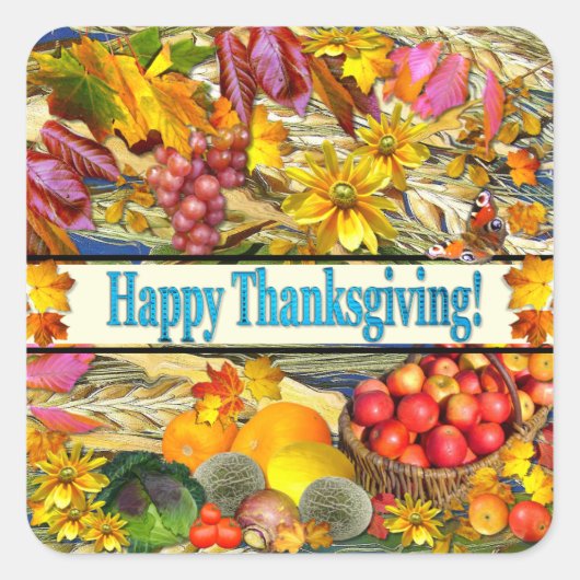 Kleurrijke Herfst produceren Happy Thanksgiving Vierkante Sticker (Voorkant)