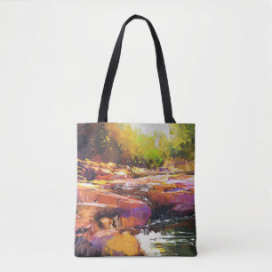 Kleurrijke herfst rivier, landschap schilderen. tote bag