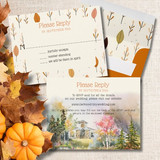 Kleurrijke herfst roestige witte schuur bruiloft R Notitiekaartje