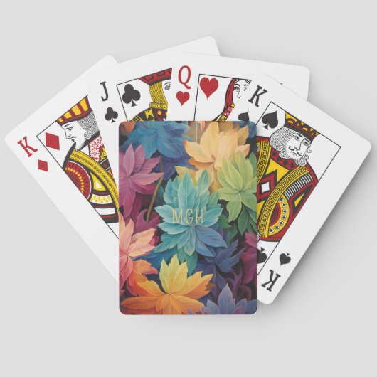 Kleurrijke herfstbladeren aangepast monogram pokerkaarten (Achterkant)