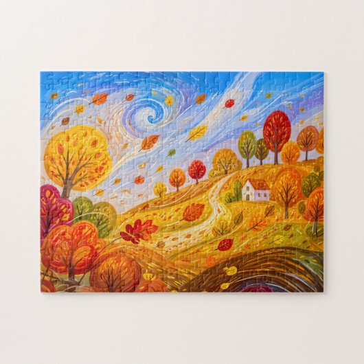 Kleurrijke herfstbladeren dwarrelen in de wind legpuzzel (Horizontaal)