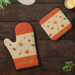 Kleurrijke herfstbladeren met aangepaste tekst ovenwant & pannenlap set