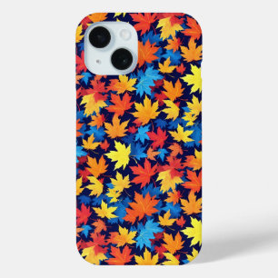 Kleurrijke herfstbladeren op donkerblauwe achtergr iPhone 15 case