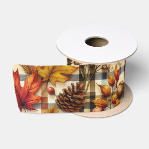Kleurrijke herfstbladeren op geruit  satijnen lint