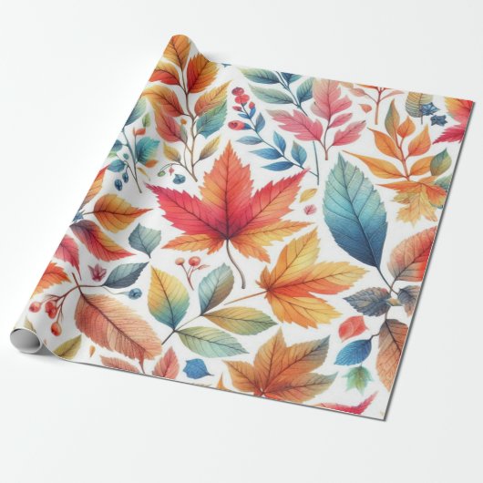 Kleurrijke herfstbladeren patroon cadeaupapier (Uitgerold)