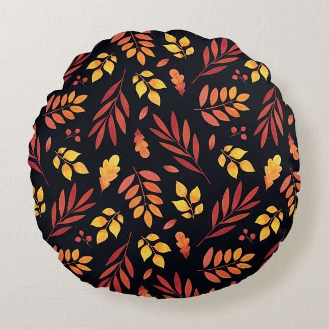 Kleurrijke herfstbladeren Waterverf Rond Kussen (Voorkant)