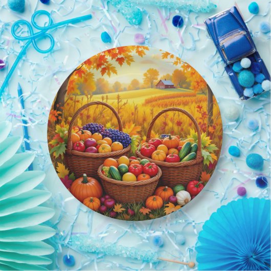 Kleurrijke herfstoogstmanden papieren bordje (Feest)