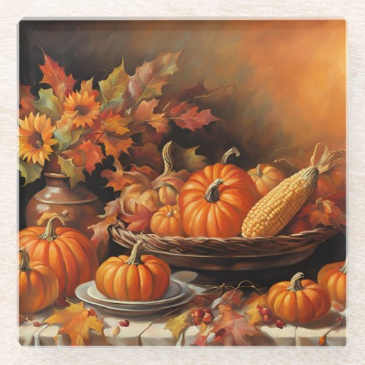 Kleurrijke herfstpompoenen glazen onderzetter (Voorkant)