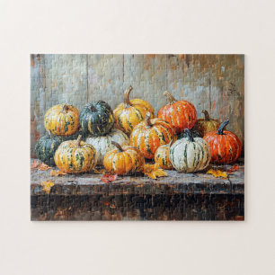 Kleurrijke herfstpompoenen op rustieke tafel legpuzzel