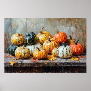 Kleurrijke herfstpompoenen op rustieke tafel poster
