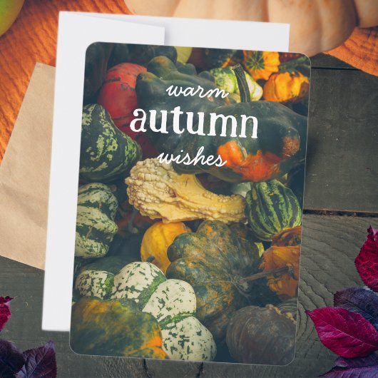 Kleurrijke herfstsquash en pompoenen feestdagenkaart