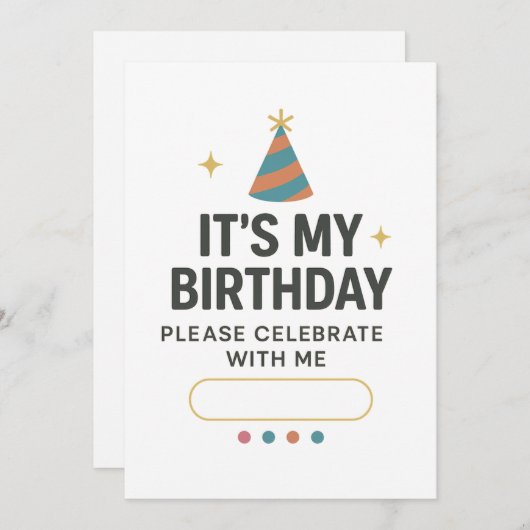 Kleurrijke “Het is mijn verjaardag” uitnodiging (Voorkant / Achterkant)