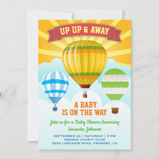 Kleurrijke hete luchtballon Baby shower uitnodigin Kaart (Voorkant)