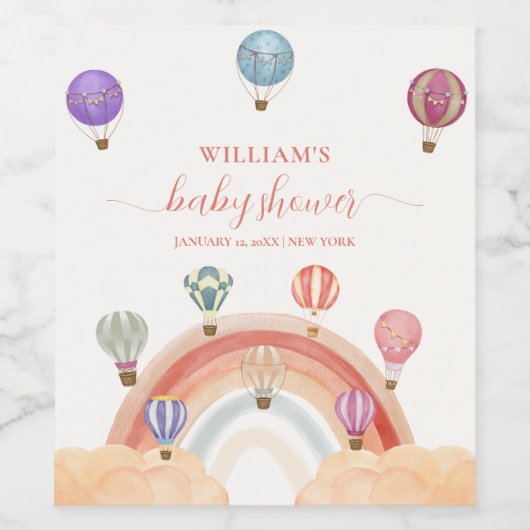 Kleurrijke Hete Luchtballon Regenboog Baby shower Wijn Etiket (Enkel label)