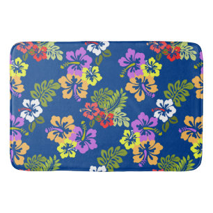 Kleurrijke Hibiscus Bloemen Patroon in Blauw Badmat