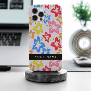 Kleurrijke Hibiscus, Bloemenpatroon, Jouw naam iPhone 15 Pro Max Case