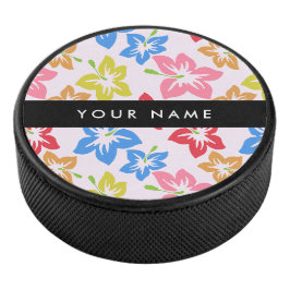 Kleurrijke Hibiscus, Bloempatroon, Uw Naam Hockey Puck