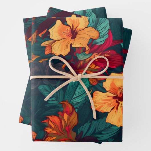 Kleurrijke Hibiscus, Geel Sinaasappel Bloemen, set Inpakpapier Vel (In situ)