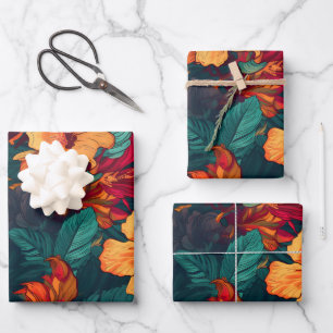 Kleurrijke Hibiscus, Geel Sinaasappel Bloemen, set Inpakpapier Vel