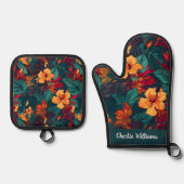 Kleurrijke Hibiscus geel Sinaasappel groen Ovenwant & Pannenlap Set (Voorkant)