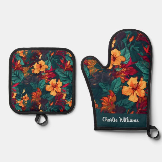 Kleurrijke Hibiscus geel Sinaasappel groen Ovenwant & Pannenlap Set (Voorkant)