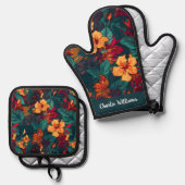 Kleurrijke Hibiscus geel Sinaasappel groen Ovenwant & Pannenlap Set (Voorkant / Achterkant)