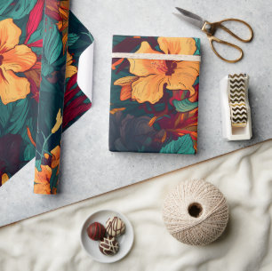 Kleurrijke Hibiscus, geel Sinaasappel Groene Bloem Cadeaupapier