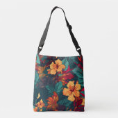 Kleurrijke Hibiscus, geel Sinaasappel Groene Bloem Crossbody Tas (Achterkant)