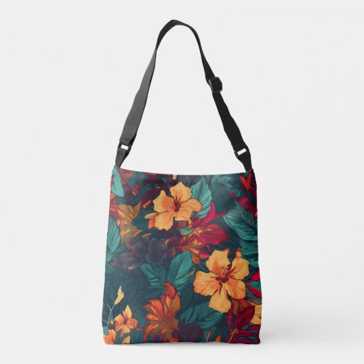 Kleurrijke Hibiscus, geel Sinaasappel Groene Bloem Crossbody Tas (Achterkant)