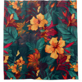 Kleurrijke Hibiscus, geel Sinaasappel Groene Bloem Douchegordijn (Voorkant)