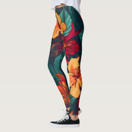 Kleurrijke Hibiscus, geel Sinaasappel Groene Bloem Leggings