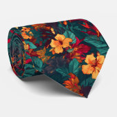 Kleurrijke Hibiscus, geel Sinaasappel Groene Bloem Stropdas (Opgerold)