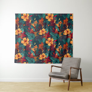Kleurrijke Hibiscus, geel Sinaasappel Groene Bloem Wandkleed