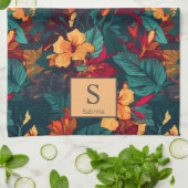 Kleurrijke Hibiscus met Monogram en Naam, Bloemen Theedoek (Gevouwen)