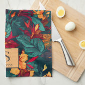 Kleurrijke Hibiscus met Monogram en Naam, Bloemen Theedoek (Quarter Fold)