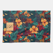 Kleurrijke Hibiscus met Monogram en Naam, Bloemen Theedoek (Horizontaal)