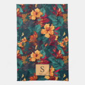 Kleurrijke Hibiscus met Monogram en Naam, Bloemen Theedoek (Verticaal)