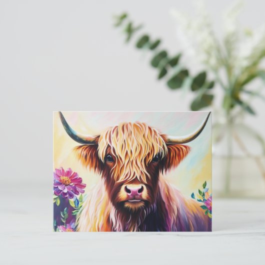 Kleurrijke Highland Koe Floral Art Briefkaart (Staand voorkant)