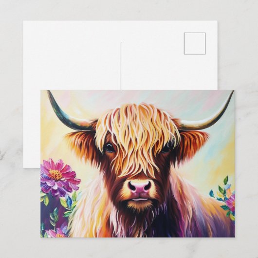 Kleurrijke Highland Koe Floral Art Briefkaart (Voorkant / Achterkant)