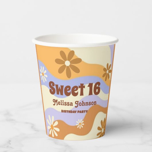 Kleurrijke Hippie Bloem Retro Groovy Sweet 16 Papieren Bekers (Voorkant)