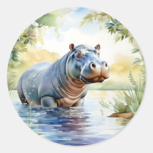 Kleurrijke Hippopotamus Waterverf Ronde Sticker