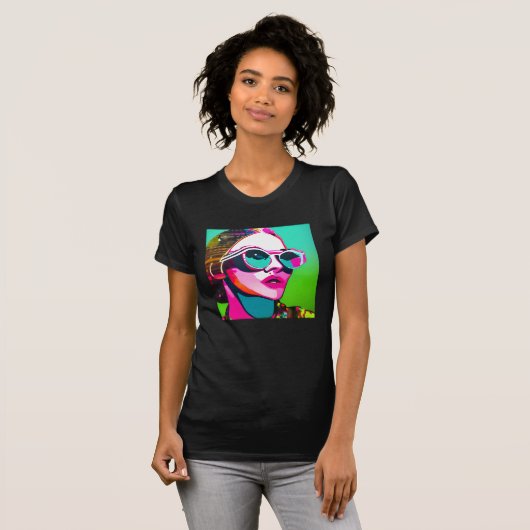 Kleurrijke Hipster Lady in Zonnebril en Messy Bun T-shirt (Voorkant volledig)