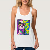 Kleurrijke Hipster Lady in Zonnebril Moderne Kunst Tanktop (Voorkant)