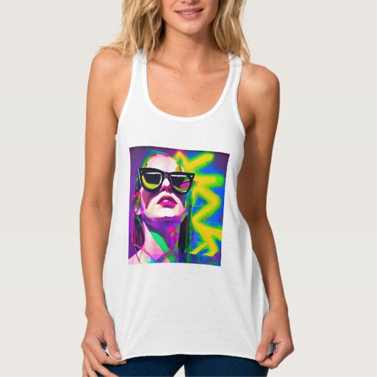 Kleurrijke Hipster Lady in Zonnebril Moderne Kunst Tanktop (Voorkant)