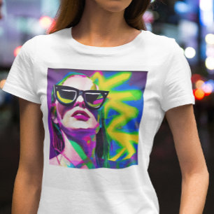 Kleurrijke hipsterdame in zonnebril moderne kunst t-shirt