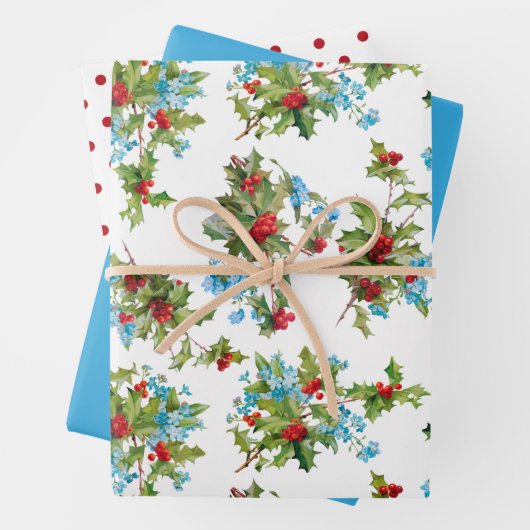 Kleurrijke Holly, Forget-me-Nots en Polka Dots Inpakpapier Vel (In situ)
