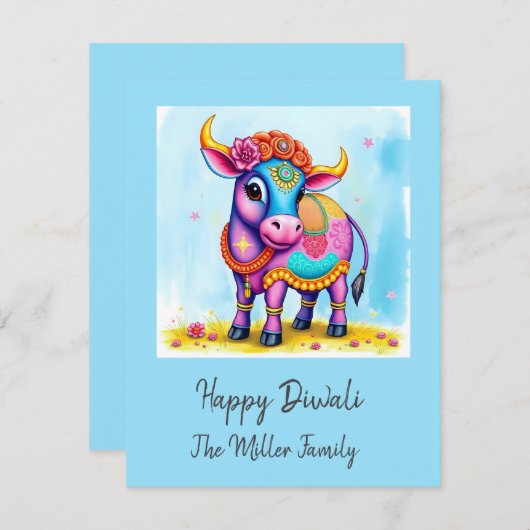 Kleurrijke Holy Diwali Koeien in feestelijke vermo Feestdagenkaart (Voorkant / Achterkant)