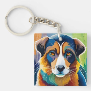 Kleurrijke hond gezicht close-up sleutelhanger