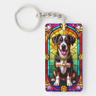 Kleurrijke hond met gouden ketting Glas in lood Sleutelhanger